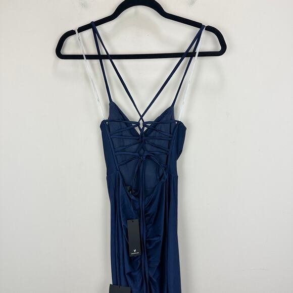 Lulus Iconic Allure Navy Blue Cowl Neck Lace Up Ruched Maxi Dress Stretch XS NWT - Picture 8 of 13